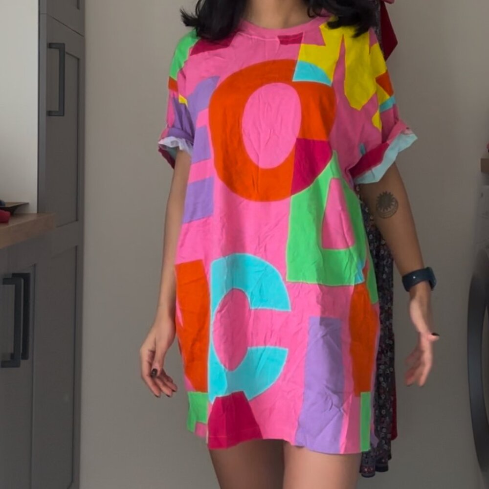 Rare '70s Italian Benetton T-Shirt Minidress | Pink Multi-Color | OS Fits XS–XXL